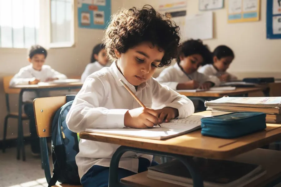 A child draws with a pencil while seated at a desk in a classroom