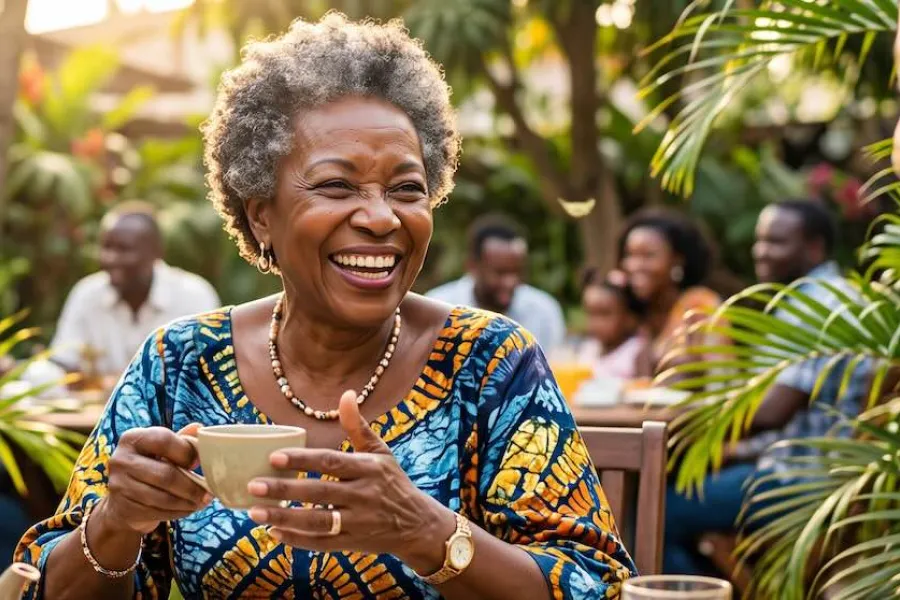 A retired woman drinks coffee with friends in an outdoor cafe